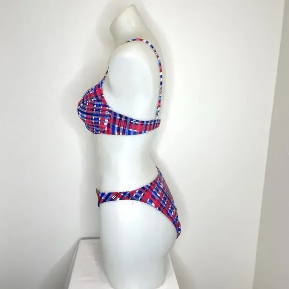 Vintage 90’s Hobie Bikini Swimsuit Set 2 Piece Womens 11/12 Red Blue Plaid USA